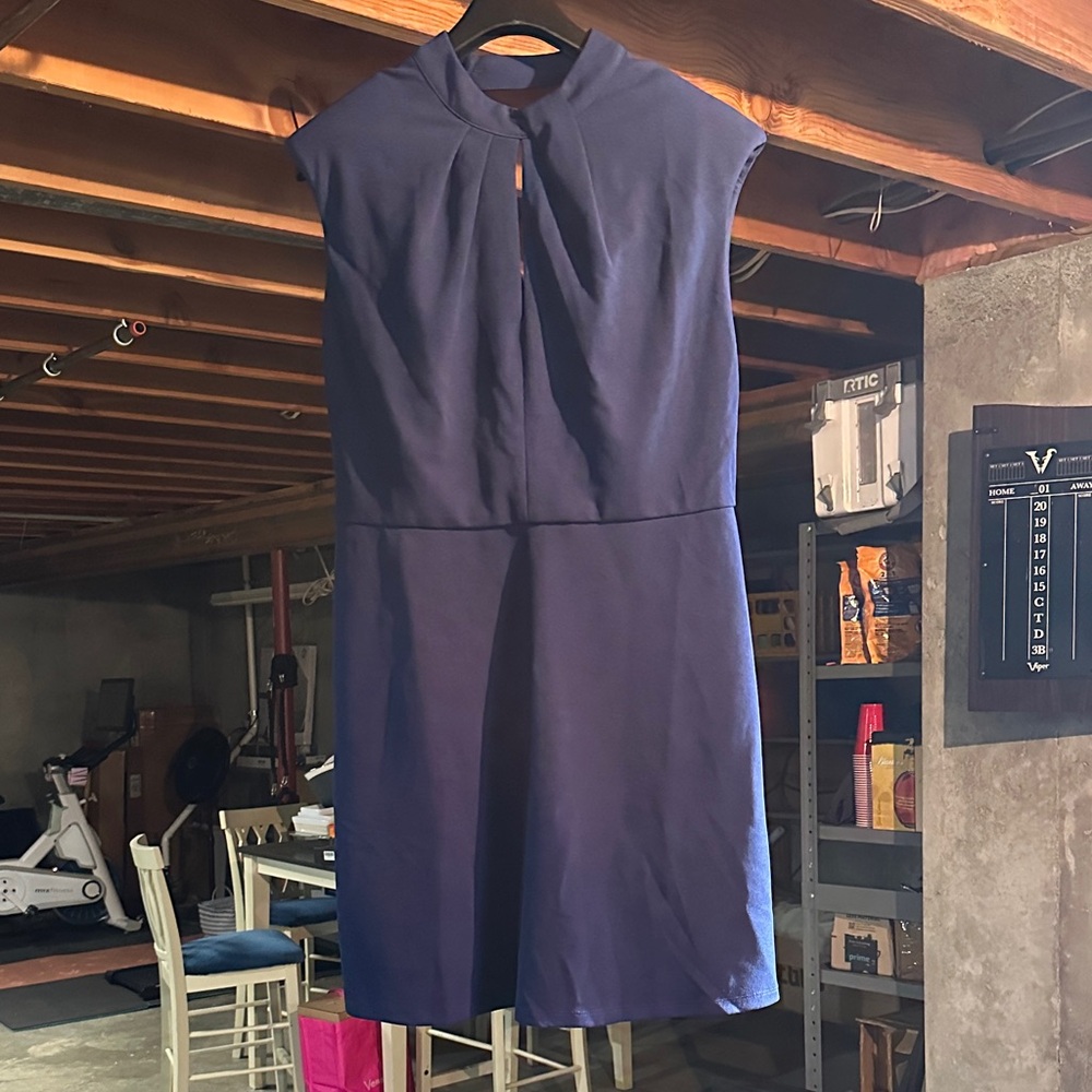 Donna Morgan Classic Navy Midi Dress with Shoulder Pads